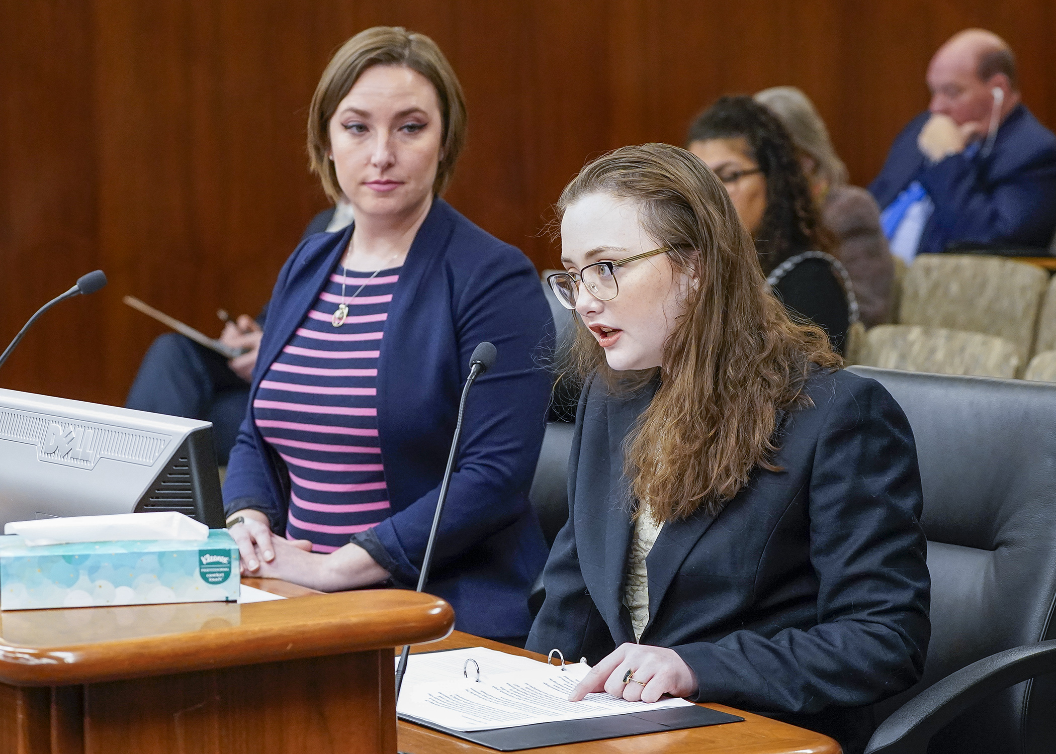 Amara Strande testifies before the House Environment and Natural Resources Finance and Policy Committee Jan. 31 in support of a bill that would prohibit PFAS in juvenile products. (Photo by Andrew VonBank)